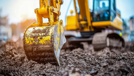 A vibrant yellow excavator scoop grips earth at a busy construction zone, highlighting machinery...