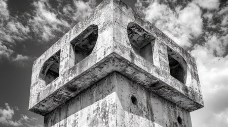 A rugged, aged concrete tower with prominent square openings reaches skyward, framed by brooding...