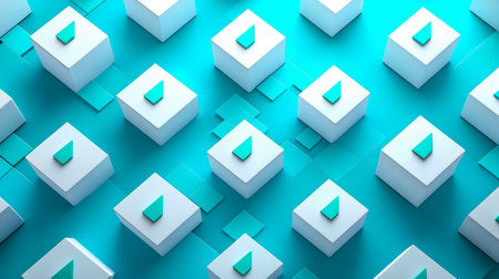 Dynamic 3d visualization featuring white geometric cubes and sleek teal droplet symbols arranged in a cutting-edge, futuristic digital design.の写真素材