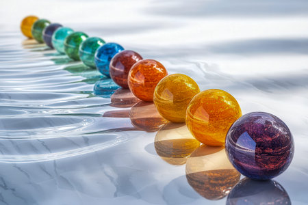 Vibrant glass spheres form a bright sequence on polished stone, reflecting light and casting...