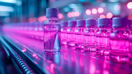 Small medicine containers aligned on a sleek assembly line, illuminated by dynamic pink and blue...