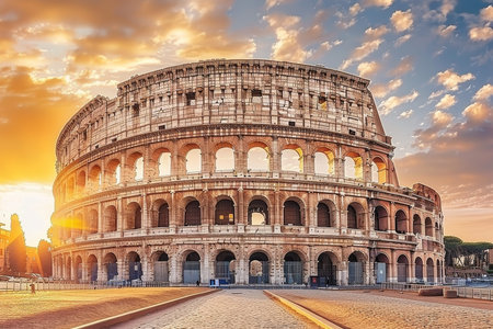Stunning sunrise view of the iconic colosseum in rome, italy, illustrating its magnificent grandeurの写真素材