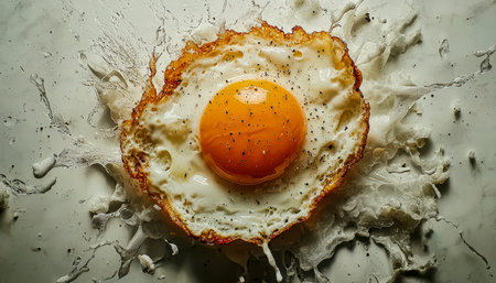 A sizzling breakfast staple captured in detail, showcasing a golden yolk with a delicate,...