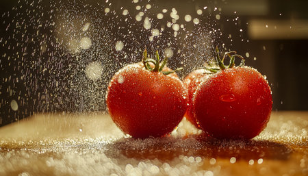 Juicy, ripe tomatoes glisten with tiny water beads, arranged on a textured surface evoking freshness, perfect for culinary or health-themed projects.の写真素材