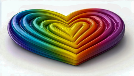 A vibrant, multi-tiered heart sculpture showcasing layered construction filled with bold, bright...