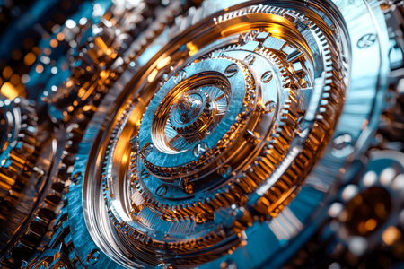 Fine metallic cogs and wheels interlock flawlessly, revealing detailed craftsmanship and meticulous...
