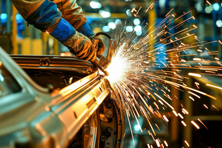 A skilled technician welds precise joins on a vehicle chassis within a busy factory, capturing...