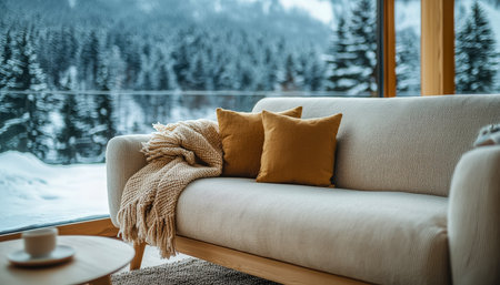 Warm, inviting space featuring plush furnishings and a panoramic window showcasing tranquil, snow-dusted trees, perfect for serene winter relaxation.の写真素材