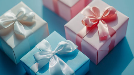 Elegant pastel-colored gift bundles with glossy satin straps arranged on a vibrant blue backdrop,...