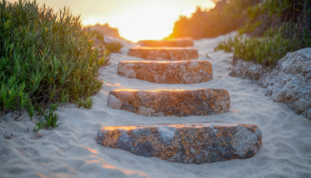 Warm sunset light bathes weathered stone steps leading into soft golden sands, flanked by lush...