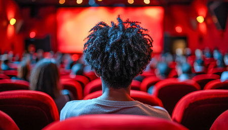 A viewer with voluminous, textured curls sits engrossed in a film, surrounded by plush crimson...
