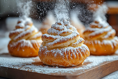Sweet, flaky pastries bursting with creamy filling, lightly dusted with powdered sugar, arranged on...