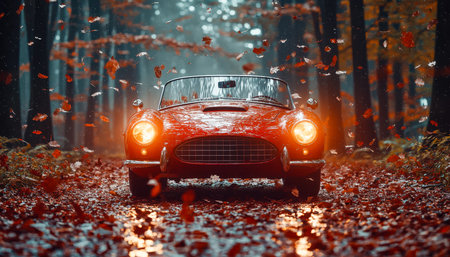 A sleek red sports car navigates a vibrant autumn woodland, leaves swirling in the breeze, capturing speed, elegance, and seasonal charm in harmony.の写真素材