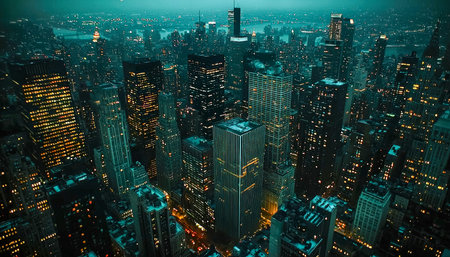 Vibrant cityscape illuminated by towering skyscrapers at night, showcasing glowing windows and...