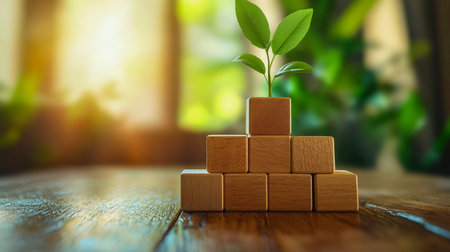 Fresh sprout emerging on stacked wooden blocks under bright natural light symbolizes eco-friendly...