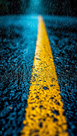 Glimmering yellow strip reflects on slick asphalt under rainy night skies, creating a moody, atmospheric scene perfect for travel or weather-themed prの写真素材