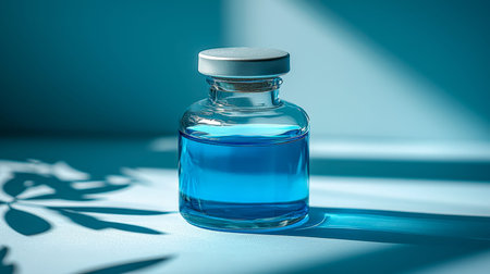 A slender glass container holding vivid blue fluid rests on a bright surface, casting intricate shadow patterns that evoke a sense of scientific elegaの写真素材