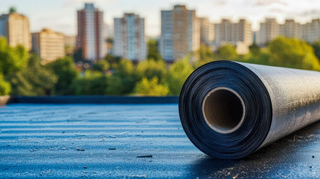 Coiled dark weatherproofing material lies on a rooftop, with a sprawling urban skyline illuminating the background under clear skies.の写真素材