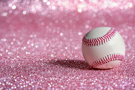 A close-up of a classic baseball resting on a shimmering pink glitter base, with soft pink bokeh creating a dreamy, festive atmosphere for sports or cの写真素材