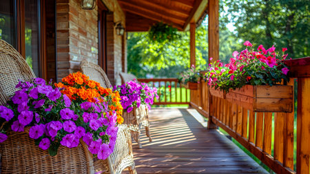 A cozy wooden veranda adorned with vibrant flower arrangements, set against a backdrop of flourishing leafy trees and inviting natural surroundings.の写真素材