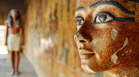 An intricate painted wooden mask from ancient Egypt, with vivid colors and detailed ornamentation, set against a blurred background of a historic archの写真素材