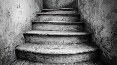 A neglected staircase crafted from worn wood, fading into shadows within a vintage, timeworn room evoking nostalgia and quiet mystery.の写真素材