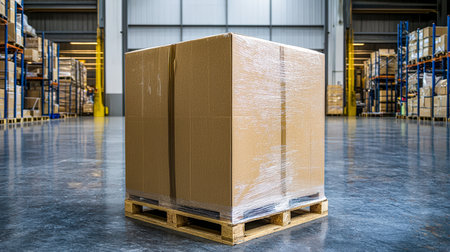 A sizable shipping carton rests atop a wooden pallet, surrounded by organized warehouse shelves filled with various goods stored.の写真素材