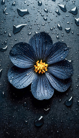 A detailed shot capturing a deep navy flower's delicate petals glistening with fresh water droplets, set against a softly blurred textured surface.の写真素材