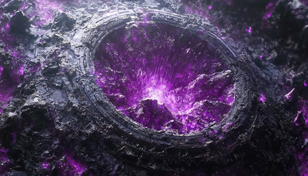 A swirling cosmic whirlpool featuring radiant purple glows against a rugged dark terrain, evoking...