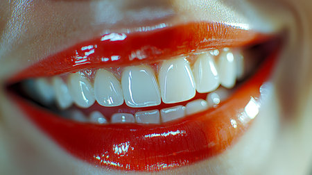 A cheerful expression highlighting radiant teeth and vivid crimson lips, capturing confidence and joyful elegance for beauty and lifestyle themes.の写真素材
