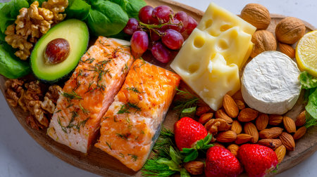 A rustic wooden board displays a colorful medley of creamy cheeses, ripe fruits, crunchy nuts, and succulent salmon, perfect for elegant snacking.の写真素材