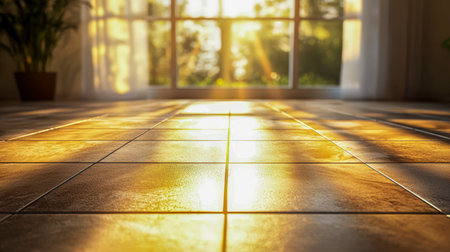 Gentle golden rays flood the interior, creating shimmering patterns on sleek tiles while lush green foliage frames a bright, tranquil space.の写真素材