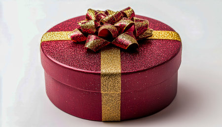 A luxurious crimson gift container adorned with shimmering gold ribbon and an intricate bow, exuding festive charm on a pristine white surface.の写真素材