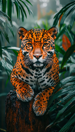 A majestic feline lounges calmly on a thick tree branch amidst dense greenery, its piercing eyes blending serenity with wild elegance in a vibrant junの写真素材