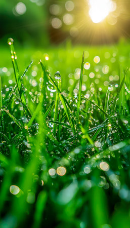 Lush green blades glisten with morning dew under bright sunlight, capturing a lively, rejuvenating start to a sunny day in nature.の写真素材