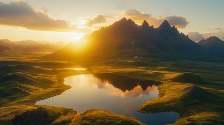A breathtaking dawn scene with towering peaks and a calm lake mirroring the vibrant, early morning hues, evoking tranquility and natural grandeur.の写真素材