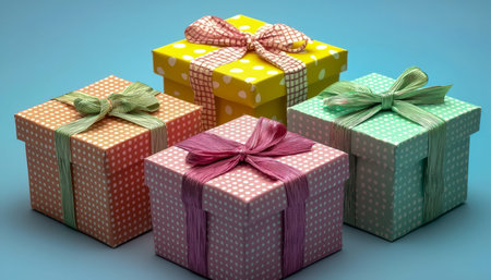 Vibrant gift containers adorned with playful polka dots and elegant ribbons, set against a bright...