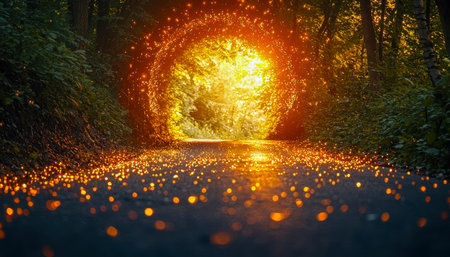 A magical evening scene with shimmering fireflies illuminating a narrow forest passage, as warm sunset hues see through dense foliage.の写真素材