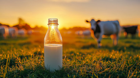 A radiant sunset bathes a lush meadow in golden hues, highlighting a vintage glass jug filled with fresh milk, evoking rural tranquility and simple liの写真素材