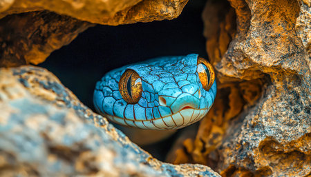 A vibrant blue gecko blends seamlessly into rugged rocks and narrow crevices, capturing the essence...