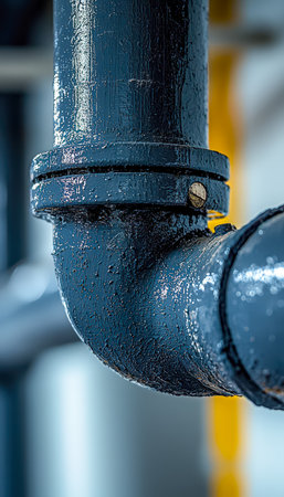 A detailed view of a glistening blue pipeline with droplets, highlighting industrial craftsmanship amid a bustling factory environment.の写真素材