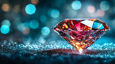 A vibrant red jewel's facets shimmer intensely atop a shimmering surface, softened by blurred lights creating a dreamy, elegant atmosphere.の写真素材