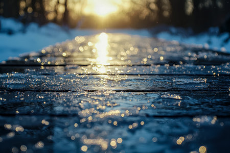 Warm hues of sunset cast a gentle glow over a thawing icy lake, with fragile ice edges blending into flowing water, evoking transition and serenity.の写真素材