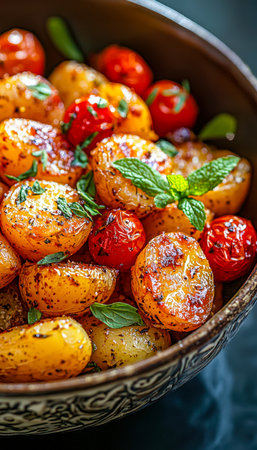 Juicy roasted cherry tomatoes infused with fresh herbs and a light dusting of cheese, served in an ornate bowl for an inviting Mediterranean vibeの写真素材