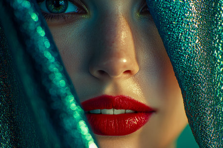 A striking portrait highlighting fiery red lips and luminous teal fabric framing her features, evoking elegance and vibrant beauty.の写真素材