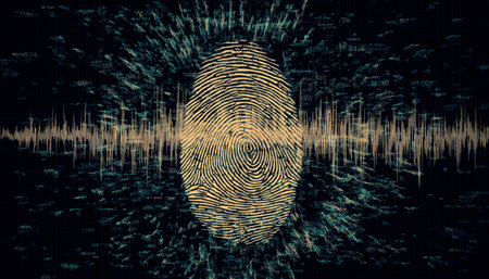 A glowing biometric impression surrounded by flowing digital streams and binary sequences, evoking...