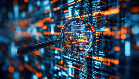 A tech-savvy professional examines vibrant holographic data streams on a sleek, illuminated wall, highlighting modern data exploration and future analの写真素材