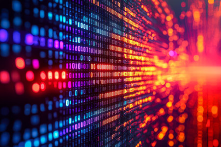 A dynamic digital environment featuring vivid binary digits intertwined with luminous, multicolored light effects, evoking high-tech data flow and cybの写真素材