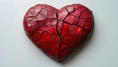 A vivid crimson sculpture with fractures, evoking feelings of heartache and loss, ideal for themes of love anguish or emotional vulnerability.の写真素材