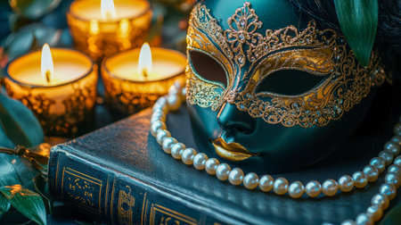 A luxurious mask adorned with pearls and feathers, surrounded by lit candles atop an intricate vintage book, evoking mystique and festive glamor.の写真素材